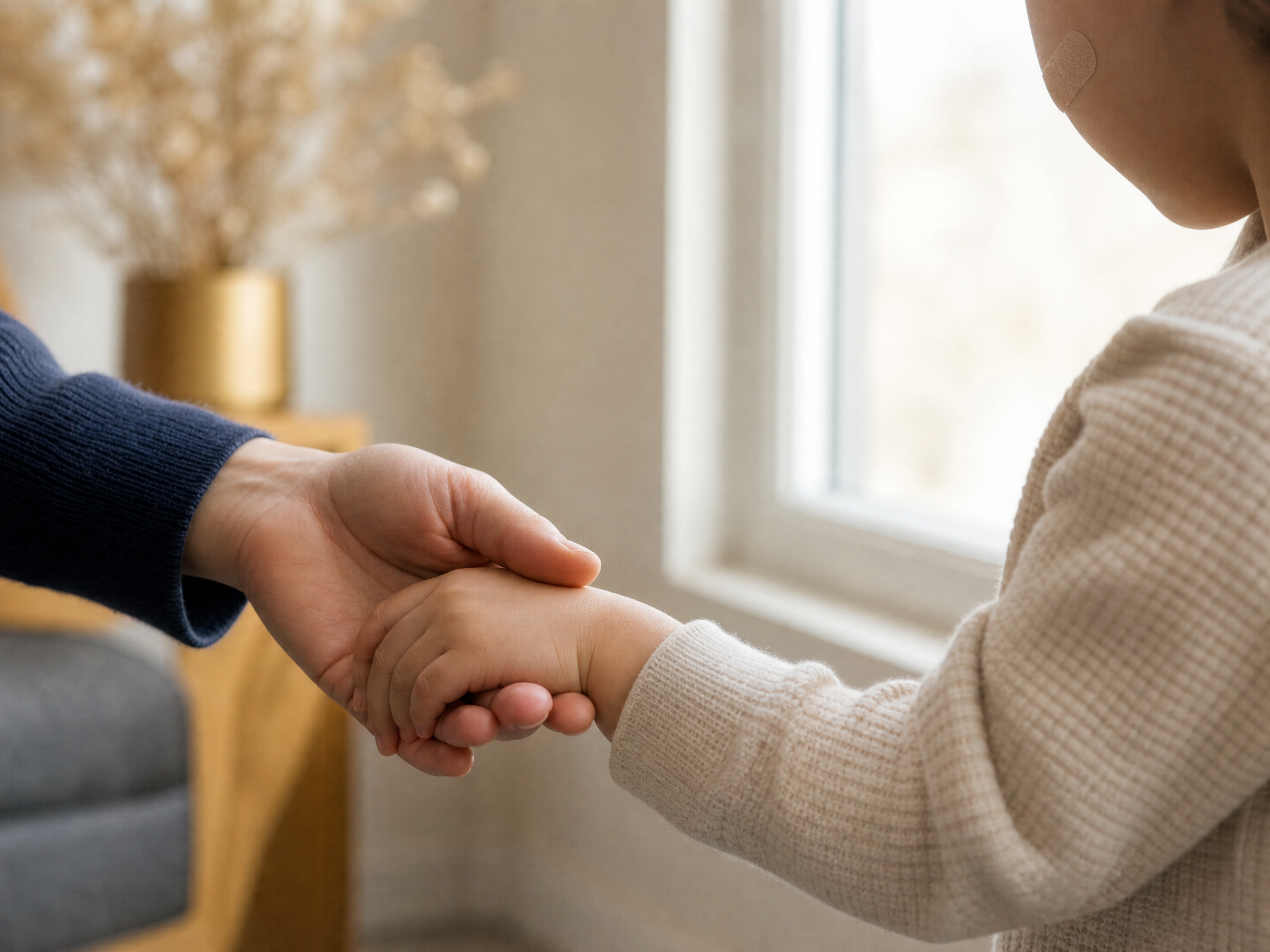 A parent gently holds a child’s hand near a bright window, illustrating support during recovery.