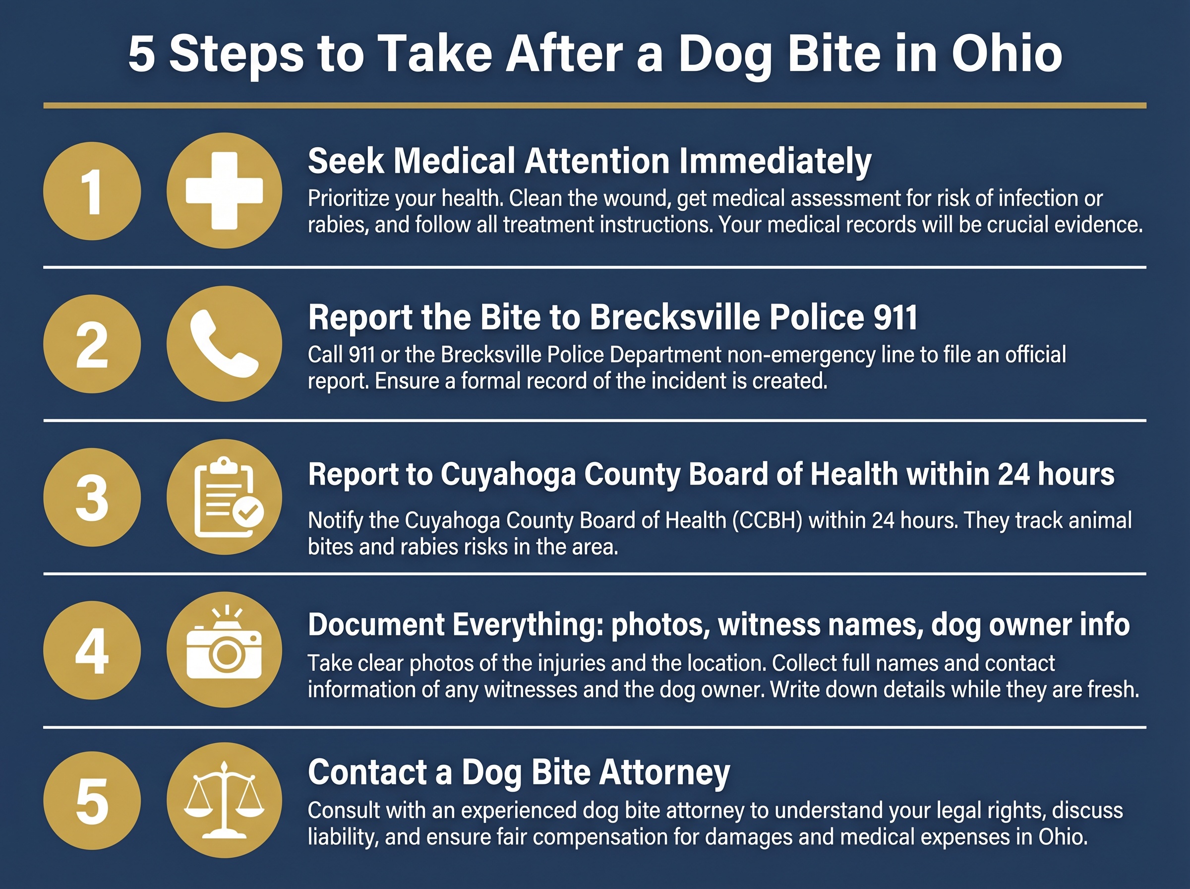 Infographic showing the 5 steps to take after a dog bite in Brecksville, Ohio