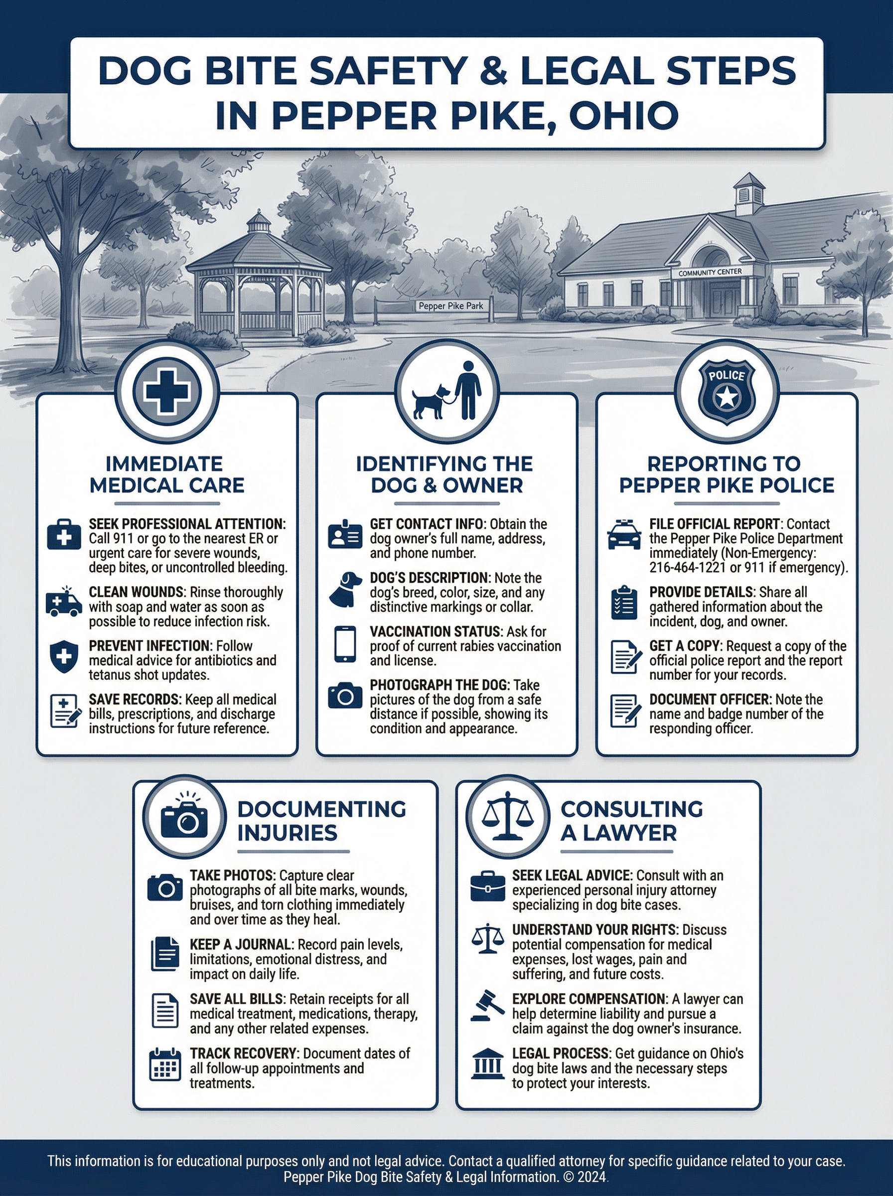 Infographic detailing 5 steps to take after a dog bite in Pepper Pike, Ohio