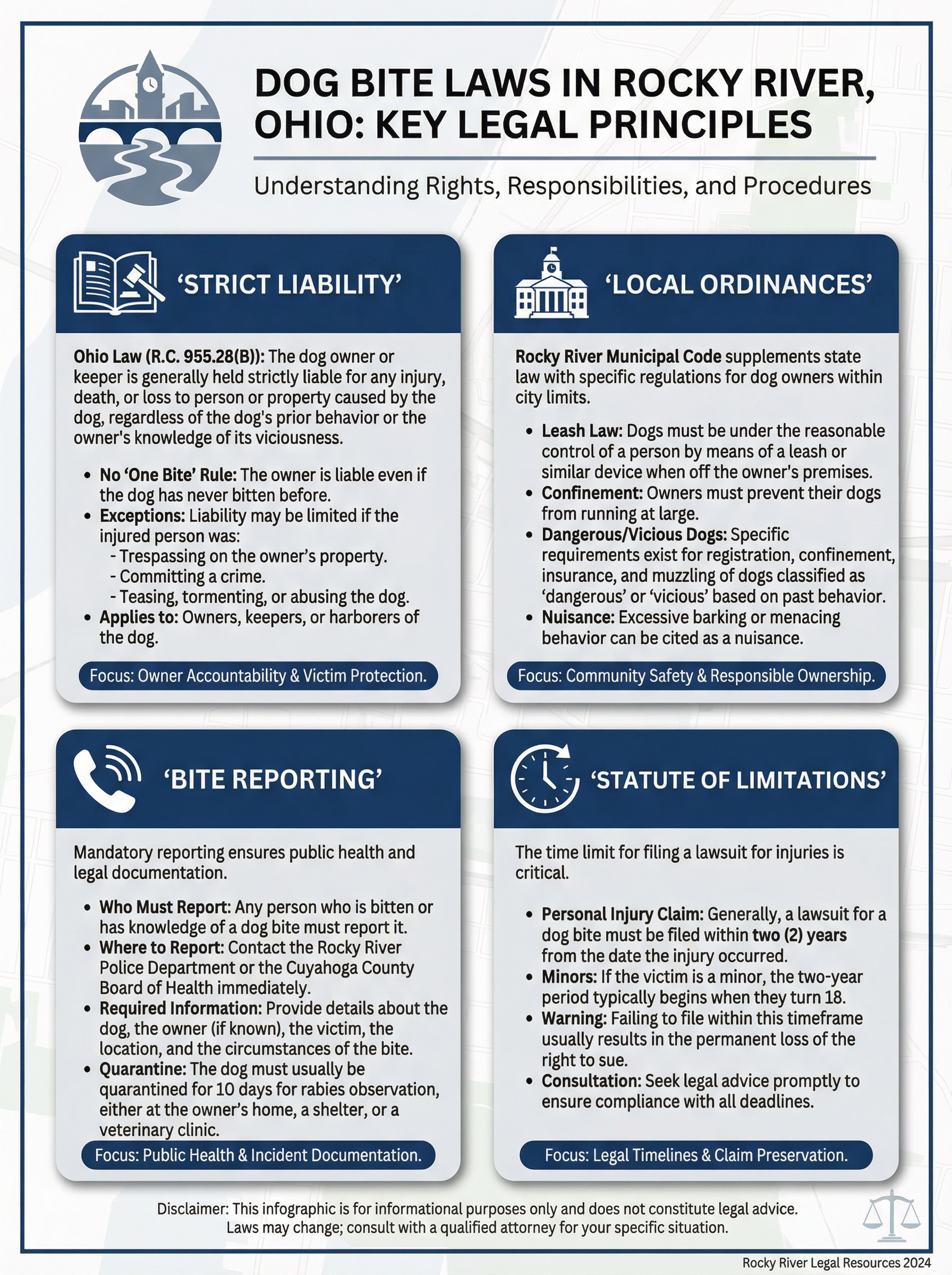 Infographic detailing 5 steps to take after a dog bite in Rocky River, Ohio