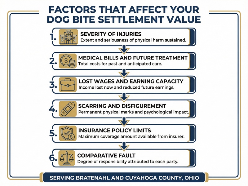 Infographic showing factors that affect dog bite settlement value in Bratenahl, Ohio
