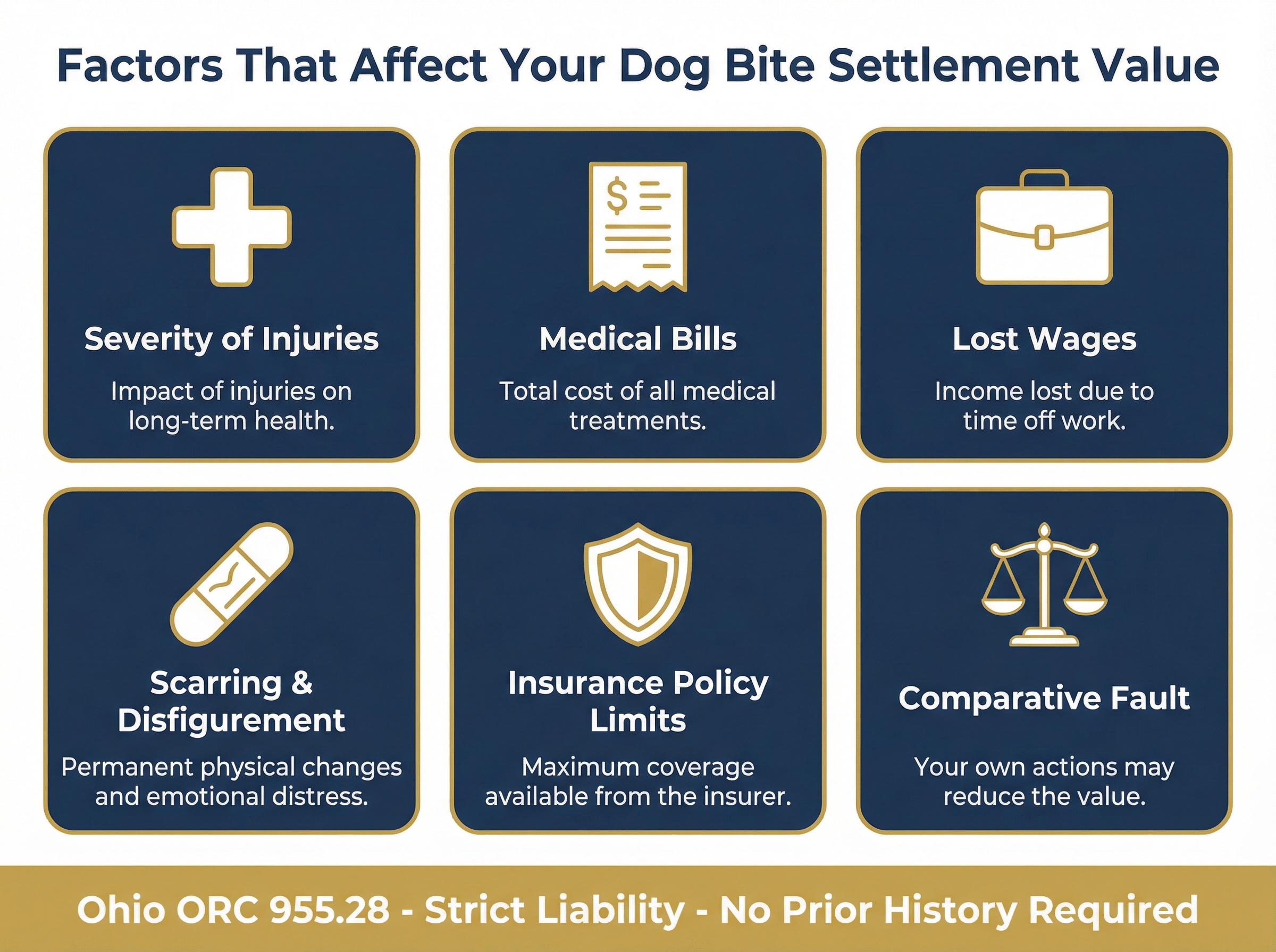 Infographic showing the 6 main factors that affect dog bite settlement values in Ohio, including medical bills, lost wages, and scarring.