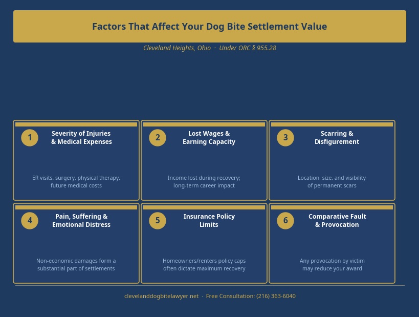 Infographic showing factors that affect dog bite settlements in Cleveland Heights, Ohio