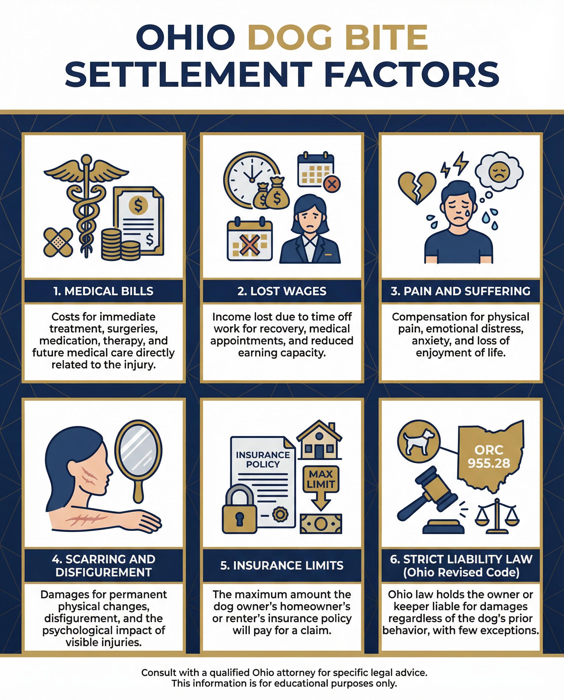 Infographic showing Ohio Dog Bite Settlement Factors including medical bills, lost wages, pain and suffering, scarring, insurance limits, and strict liability law.