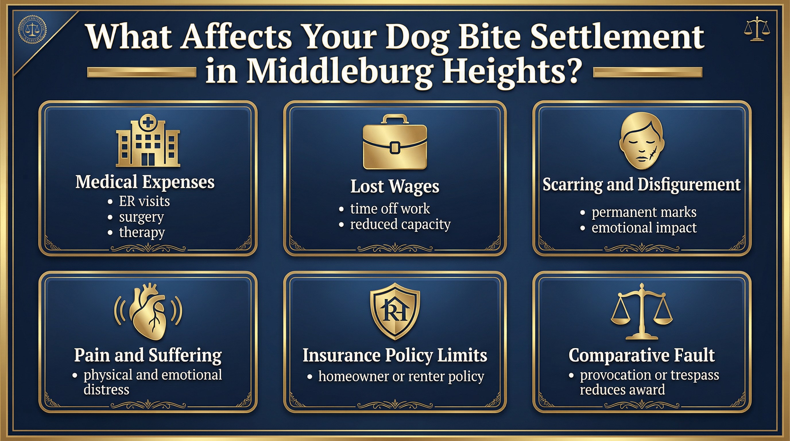 Factors that affect dog bite settlement value in Middleburg Heights including medical expenses, lost wages, scarring, pain and suffering, insurance limits, and comparative fault
