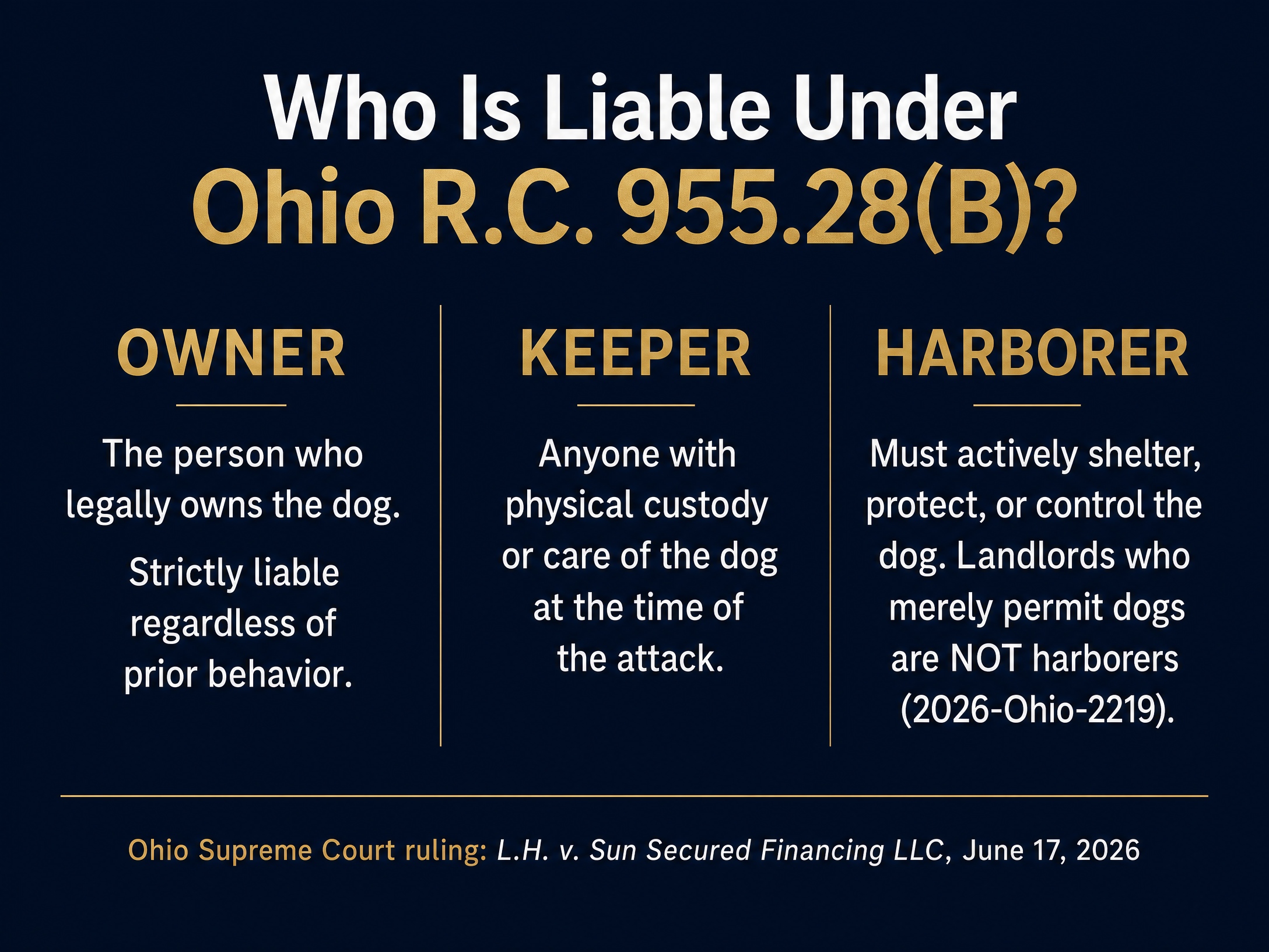 Infographic explaining who is liable under Ohio R.C. 955.28(B): Owner, Keeper, and Harborer.
